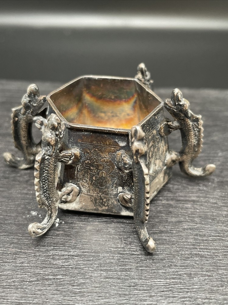 Vintage small metal incense burner with dragons