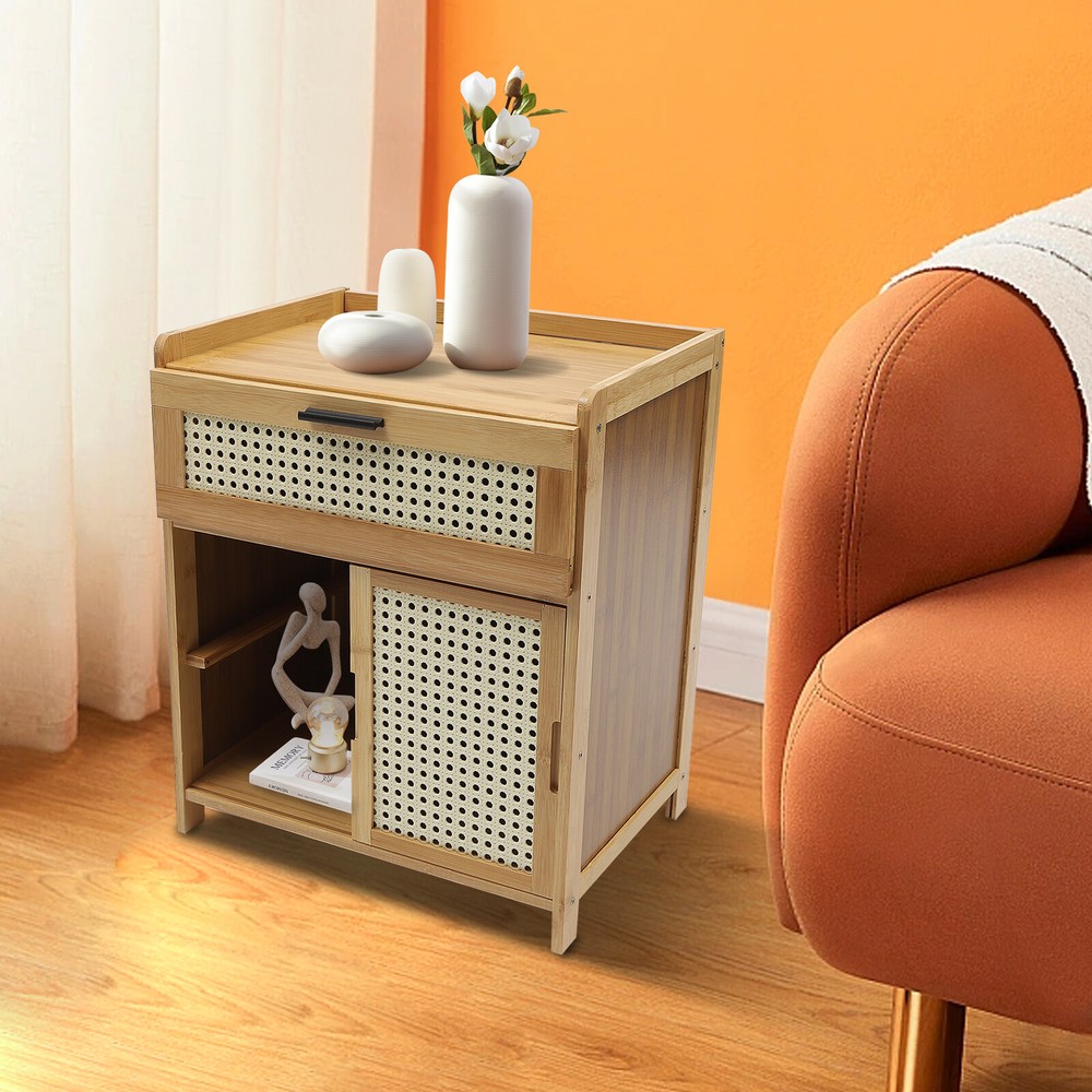 Modern Nightstand,Bed Side Table,Bamboo End Table,Storage Cabinets Night Stand