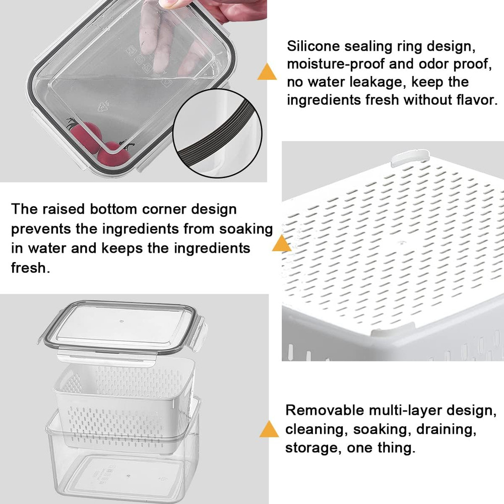 3Pack Fridge Food Storage Container Set with Lids with Strainer,Plastic Fresh Pr
