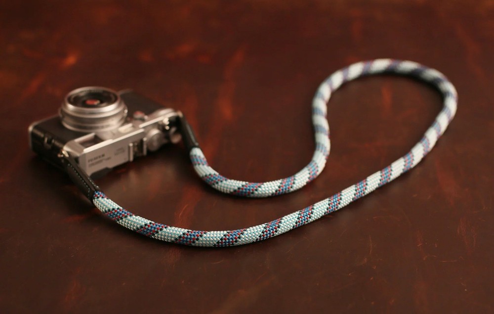 Windmup Blue Pattern Rope Camera Strap – Handmade Climbing Rope & Black Leather