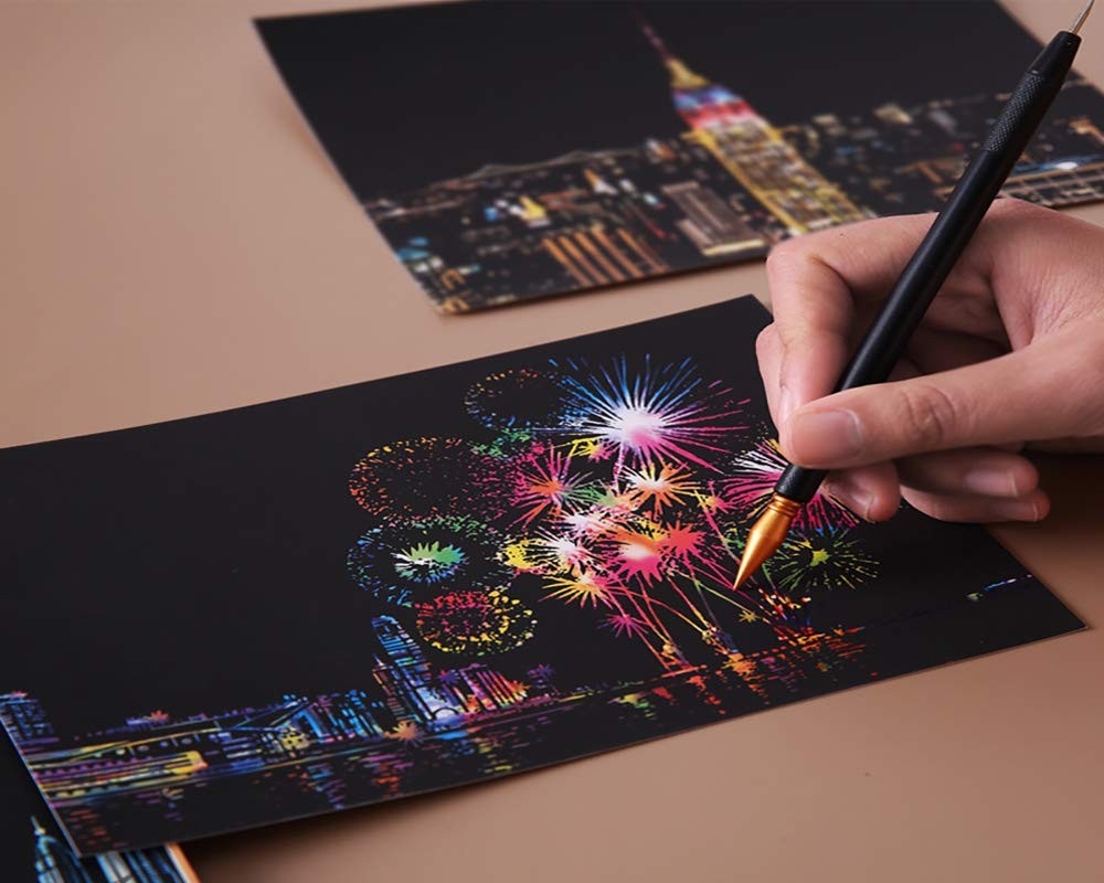 Scratch Art Paper, Rainbow Night View Scratchboard Medium, Fireworks/Building