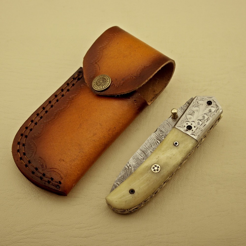 CLASSICAL CUSTOM HANDMADE DAMASCUS BLADE FOLDING POCKET KNIFE (Silver Engrave)