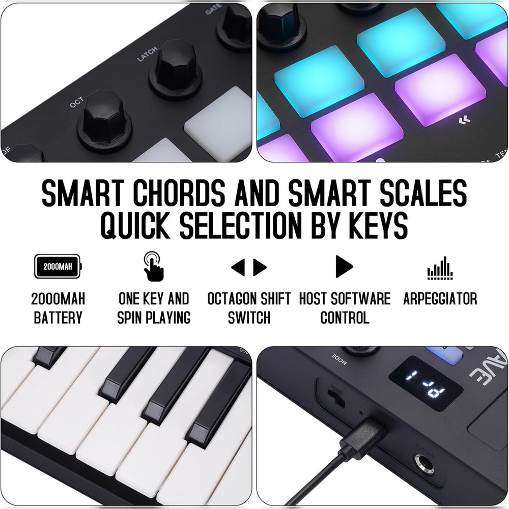 M-WAVE MIDI Keyboard Controller - USB Bluetooth - 25 Key, 16 Pads, Knobs
