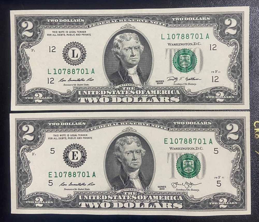 (2) 2009 2013 $2 Two Dollar Bill  Serial SAME, RADA # 1078.8701 . UNC