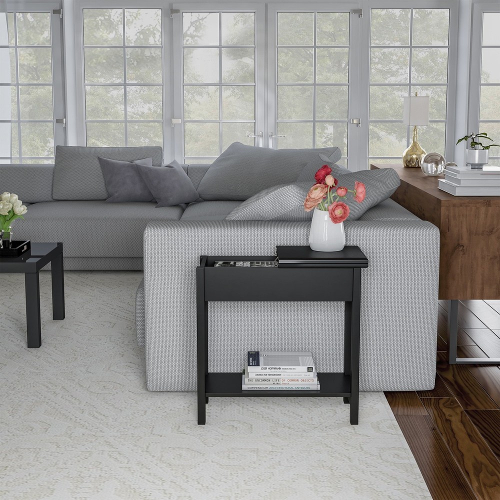 Narrow End Table W/ Storage Compartment & Shelf Black)