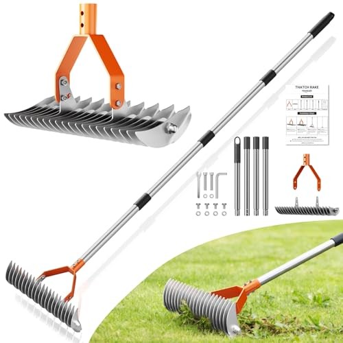 Thatch Rake for Lawn with 68" Adjustable Handle, 15" Heavy Duty Orange