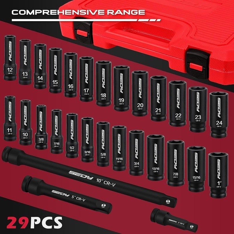 29-Piece 1/2" Drive Impact Socket Set CR-V High Durability Mechanics Tools New