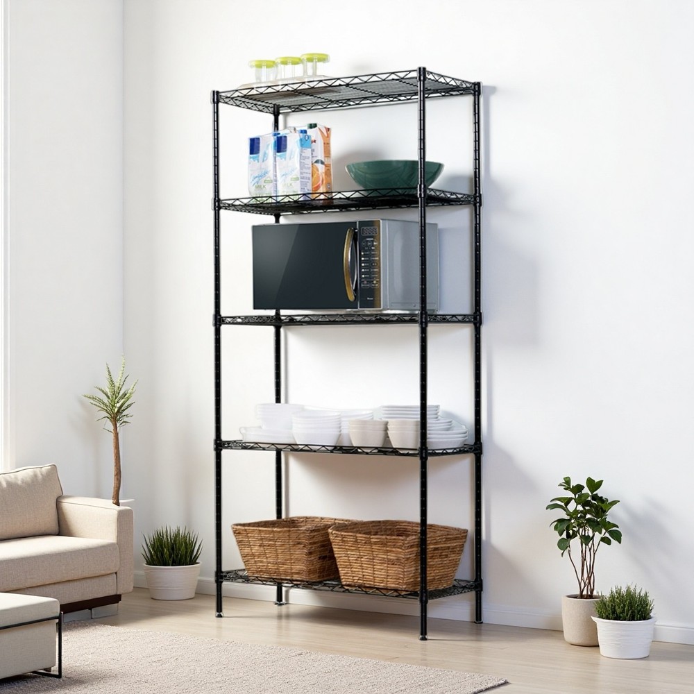 5-Tier Wire Shelving Unit - Adjustable, Black & Modular Kitchen Storage Rack
