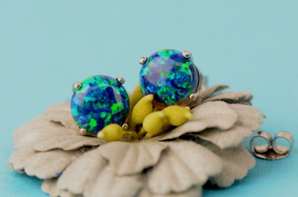 925 Sterling Silver Round Opal stud Earrings