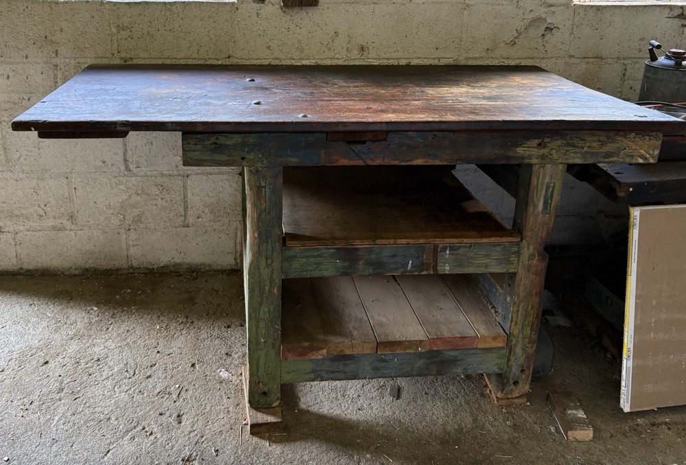 Carpenter /Mechanic work bench/table. Vintage, solid wood. 63" l