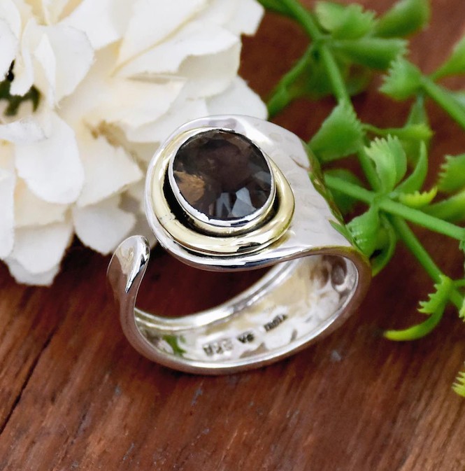 Solid 925 Sterling Silver Natural Smoky Quartz Gemstone Hammered Adjustable Ring