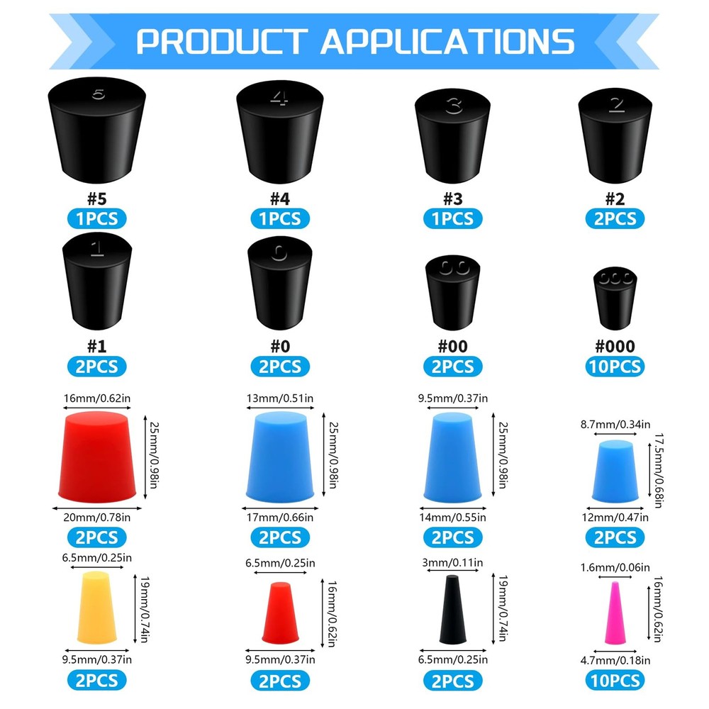 16 Values Tapered Stopper Assortment Kit Lab Solid Rubber Silicone Plugs Cork