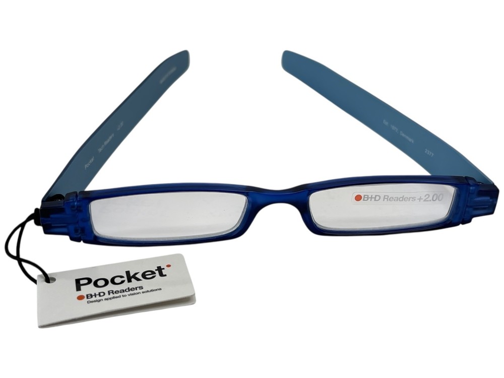 B+D Pocket Tech Readers +2.00 Reading Glasses Blue Compact Folding with Case NEW