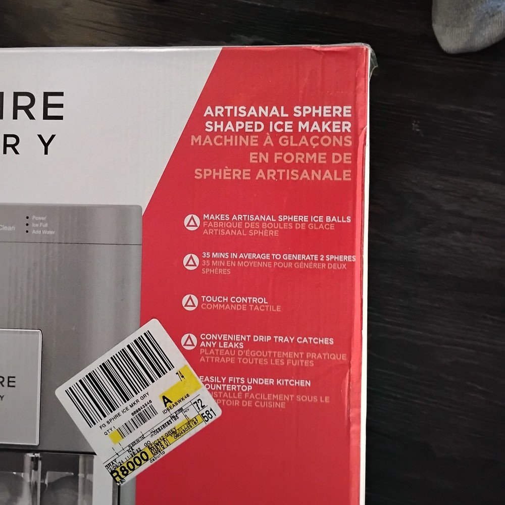 Frigidaire Gallery Artisinal Clear Sphere Ice Maker, Touch Control, Grey - NEW