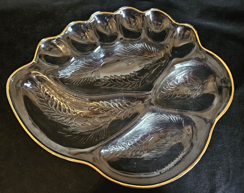 Vintage Divided Serving Tray Deviled Eggs Feather Pattern Clear w/ Gold Trim 17"