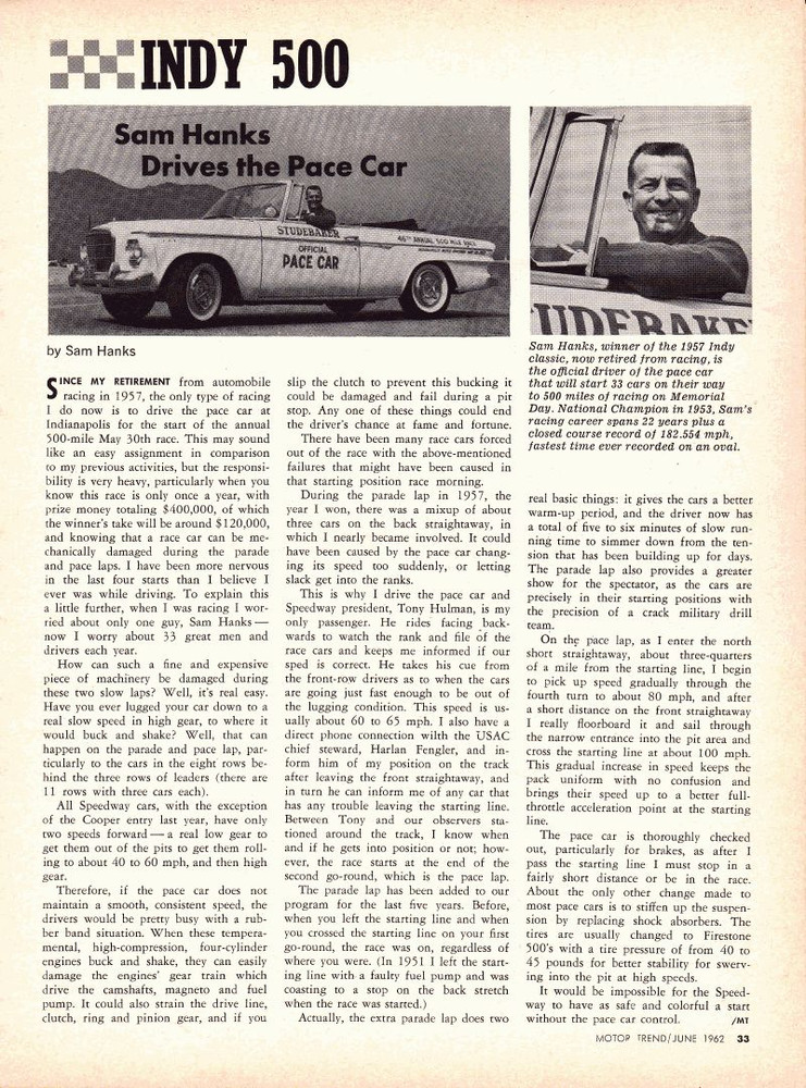 1962 STUDEBAKER - SAM HANKS DRIVES INDY 500 PACE CAR  ~  RARE ARTICLE / AD