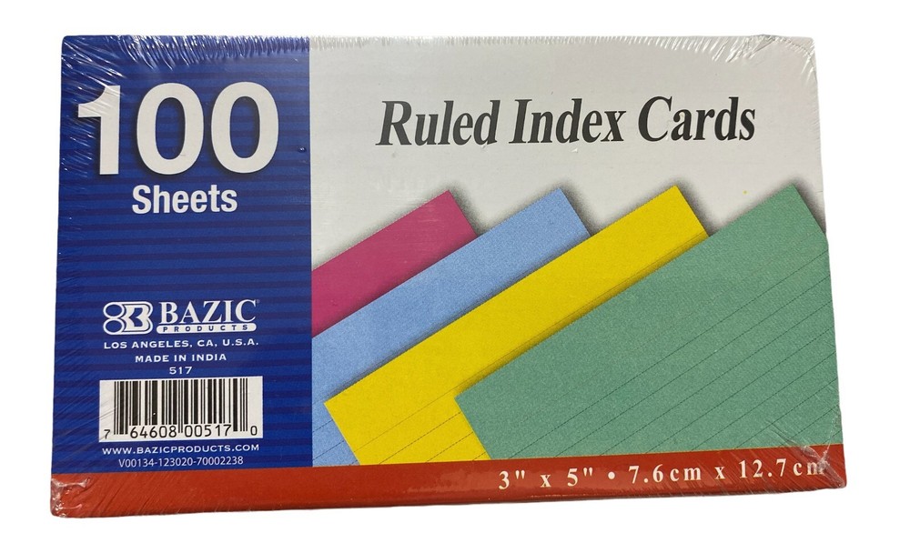 Ruled Index Flash Cards, Assorted Neon Colored, 3x5 Inch, 100-Count pk 2