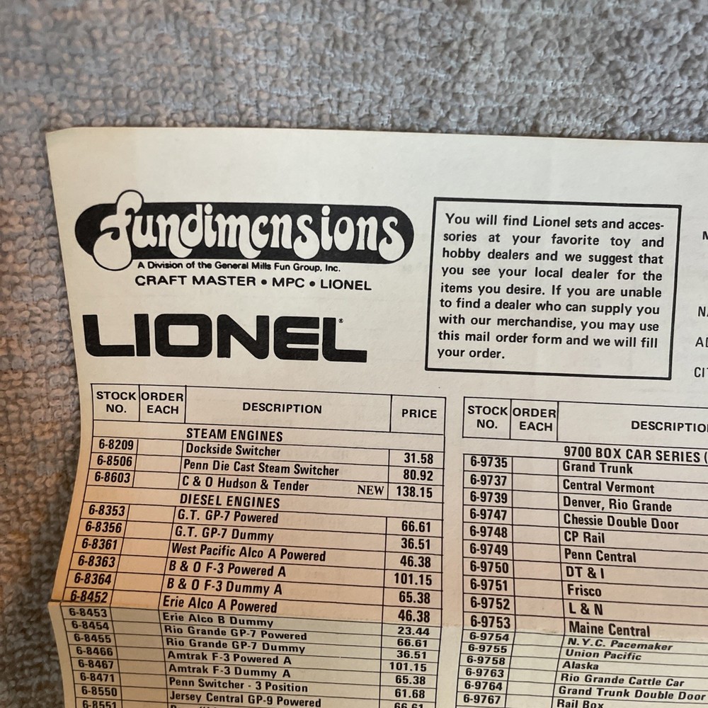 1976 Lionel Mail Order Form