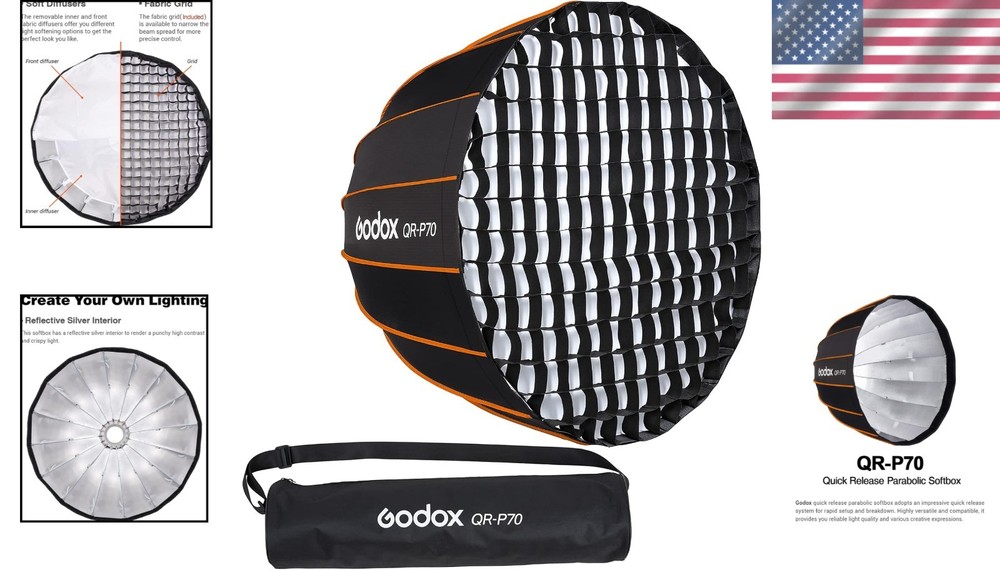 Deep Parabolic Softbox with Fabric Grid for Godox Lights