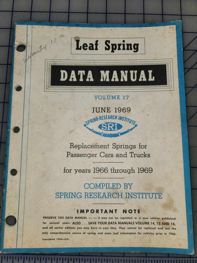 1966 thru 1969 SRI Leaf Spring Data Manual Catalog