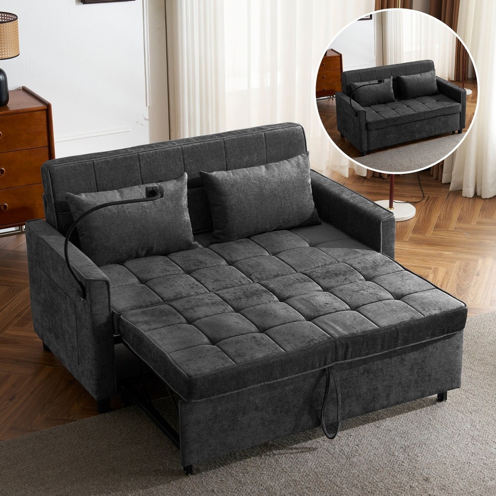 56.9'' Convertible Sleeper Sofa Bed Loveseat Sofa with Pull Out Bed & USB Ports