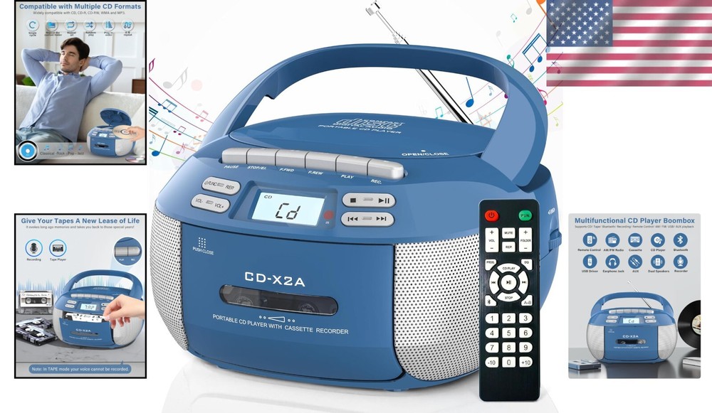 Compact Wireless Bluetooth Boombox with Cassette Player and Remote Functionality
