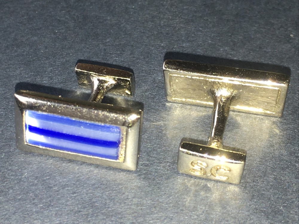 Blue Enamel Cufflinks Curved Post Design