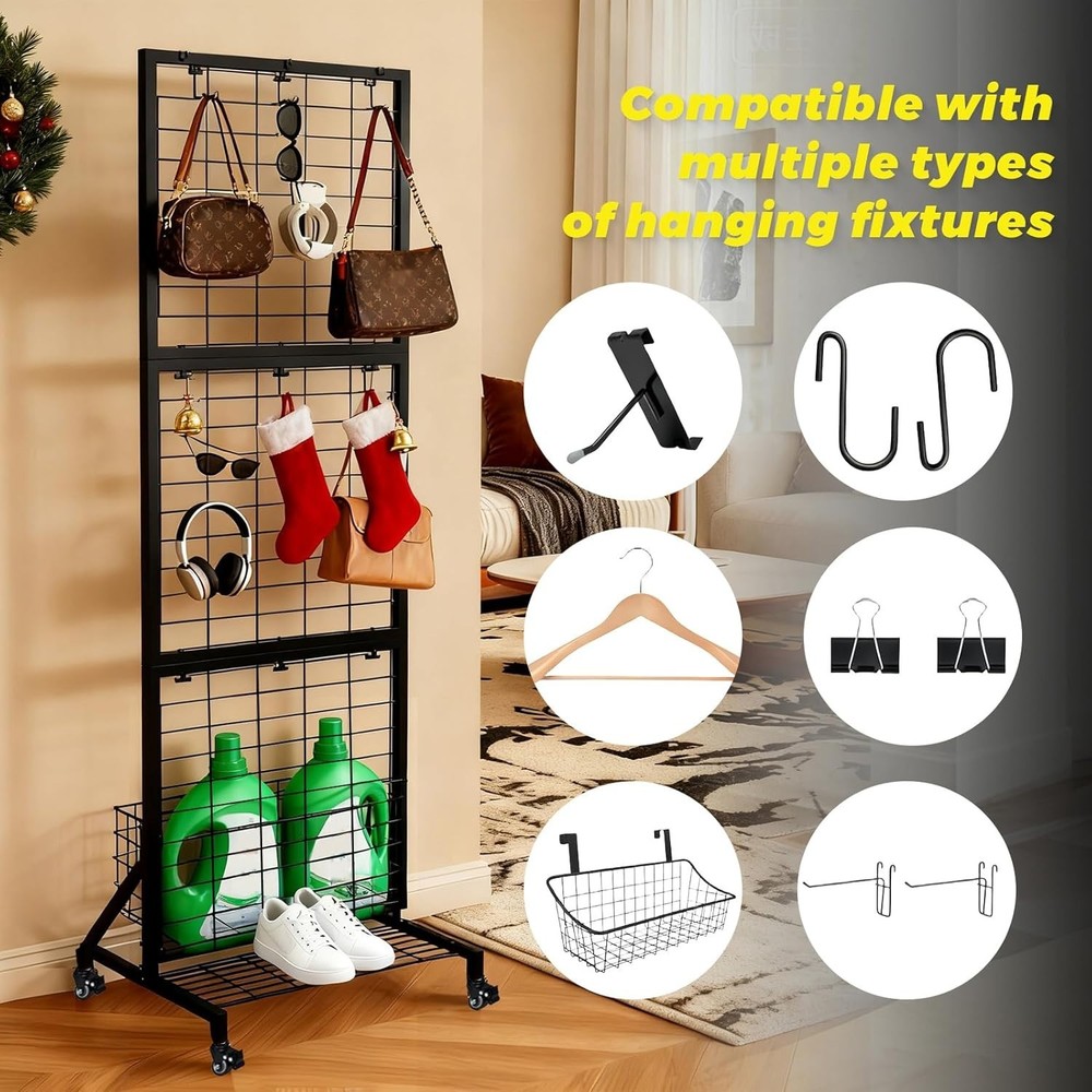 Display Grid Rack 6 ft Panel Foldable Craft Art Gridwall Tower W/ Basket & Tray