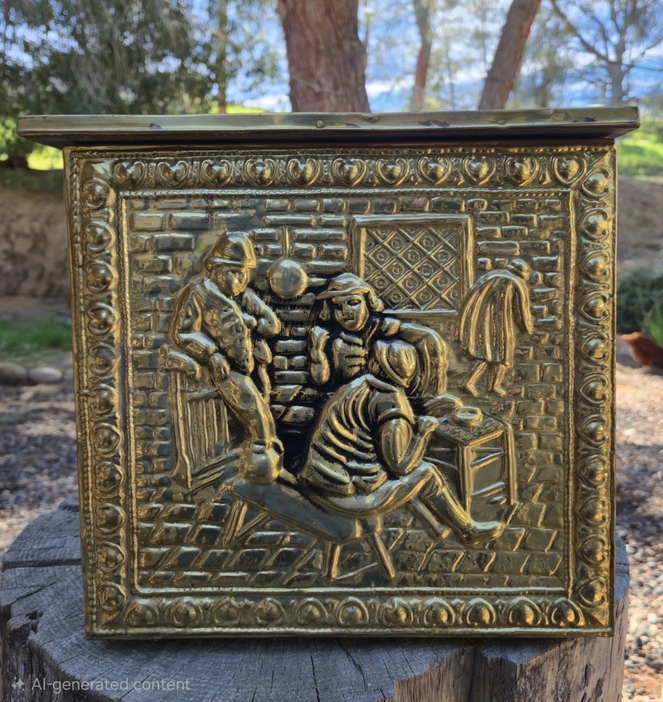 Vintage Hammered Brass On Wood Kindling/Coal Box