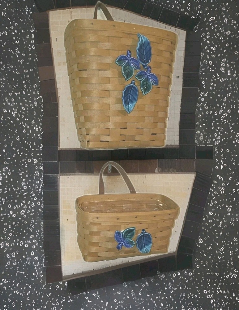 LANGABERGER 2-BASKETS THIN MAPLE W/CERAMIC(ADED)DECOR &PLASTIC LINER 2000 USA