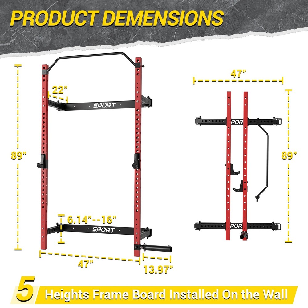Foldable Squat Rack 1000 LBS Capacity Space-Saving with Pull-Up Bar Wall Mounted