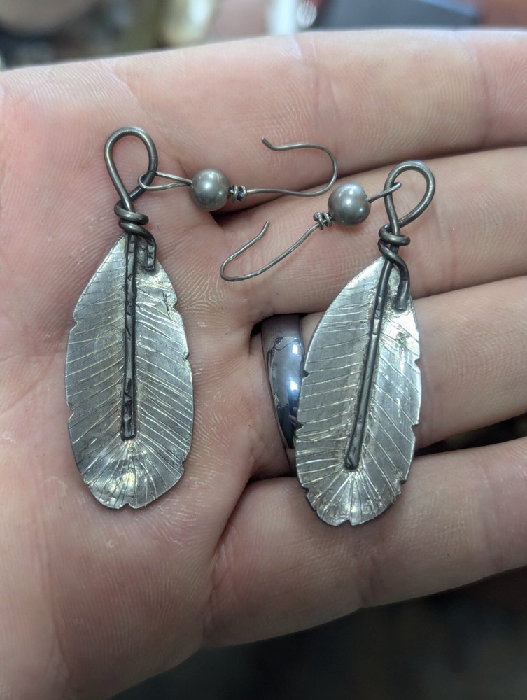 Large Sterling Silver Signed Native Feather Leaf Flower Dangle Drop Earrings