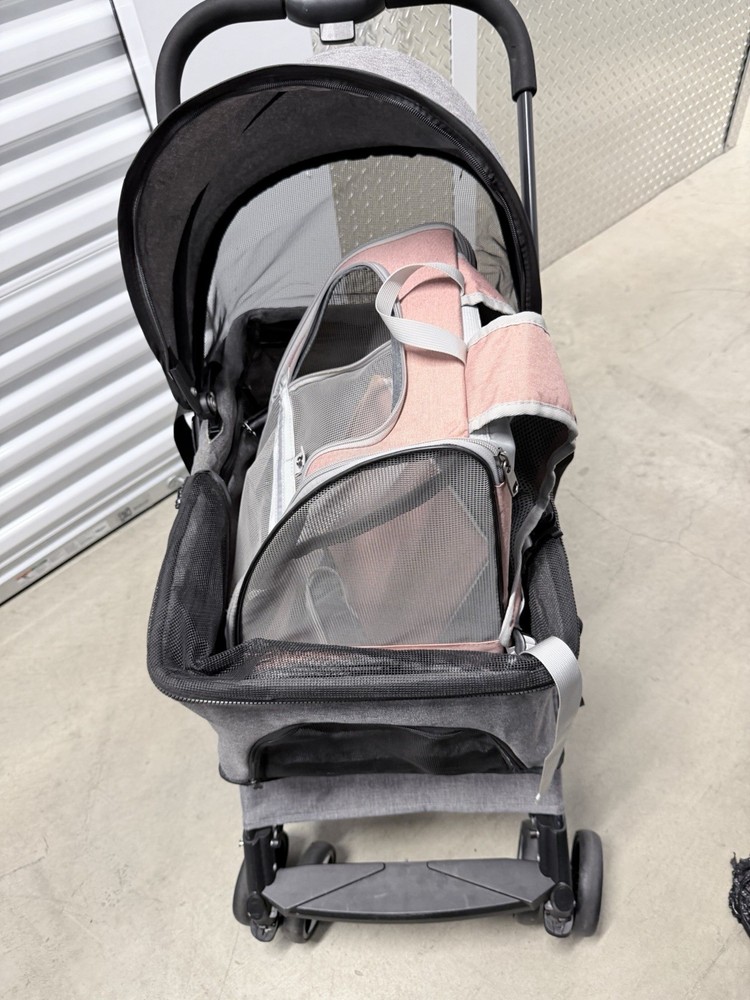 ReadyYNE 4-Wheel Foldable Pet Stroller Gray Mesh Windows for Small Medium Dogs