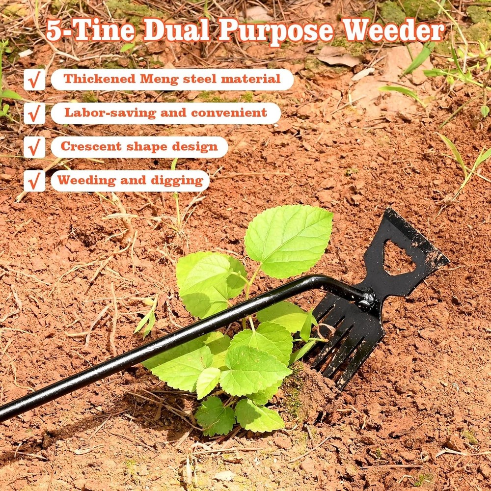 Weed Puller Tool Garden Weed Pulling Tool, 4-Tine Manganese Steel Weeder Tool -