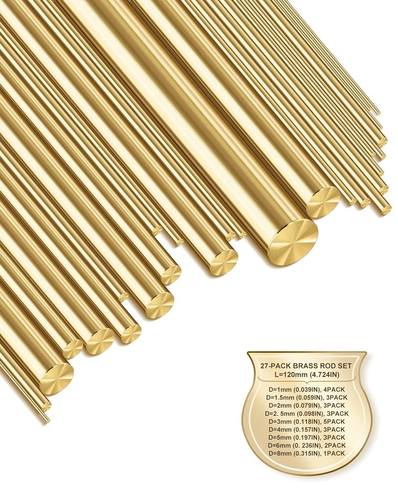 27 PCS Solid Brass Rods Assortment – 9 Sizes (1mm–8mm Diameter), 120mm Length