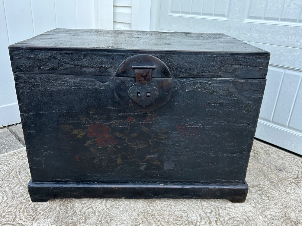 Antique Asian Distressed Black Dovetail Trunk