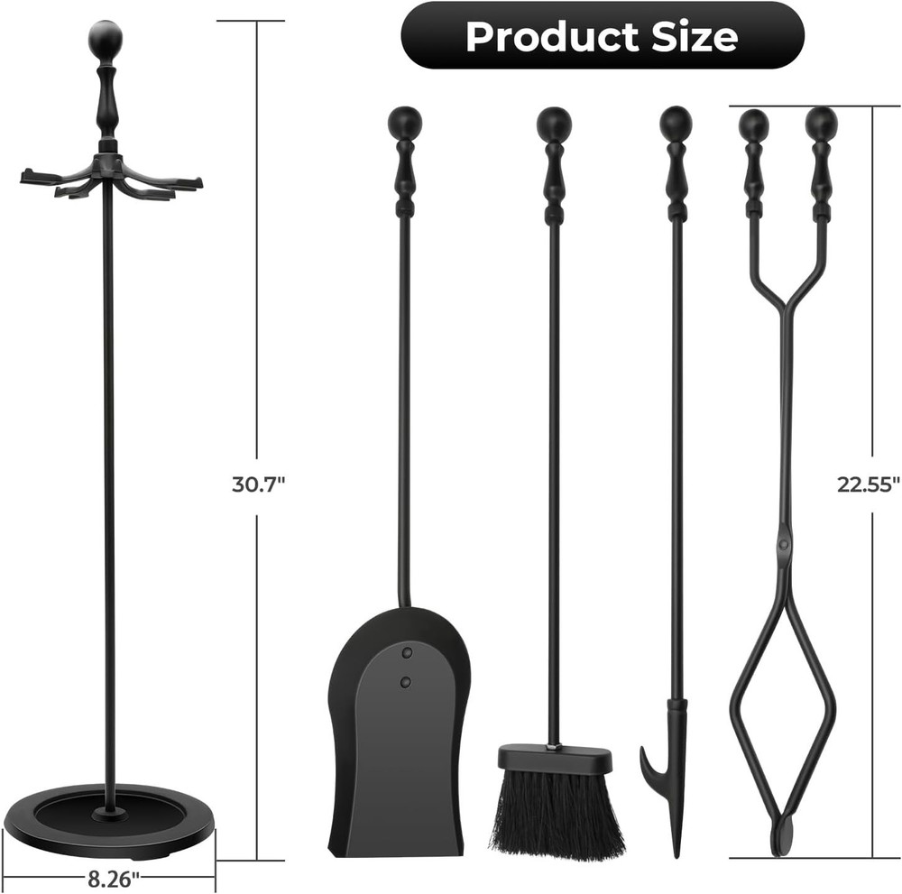 Fireplace Tools Set 5-Piece Cast Iron Fire Place Tool Set W/ Stand
