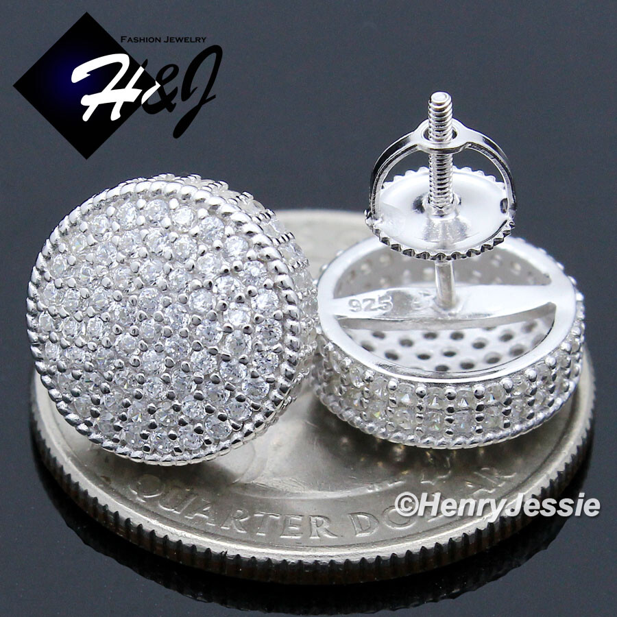 MEN SOLID 925 STERLING SILVER 12MM ICY BLING CZ 3D STUD ROUND EARRING*E190