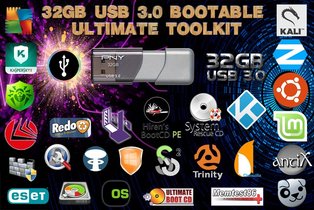 USB Bootable Ultimate Tech Tool Kit - 37+ OSes Repair Scan Test Clone