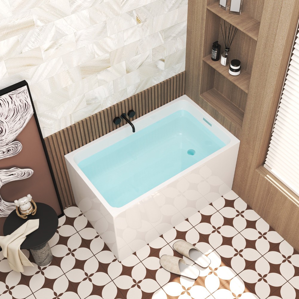 White Rectangular 47x28-inch Acrylic Soaking Tub, Chrome Drain, Easy Clean