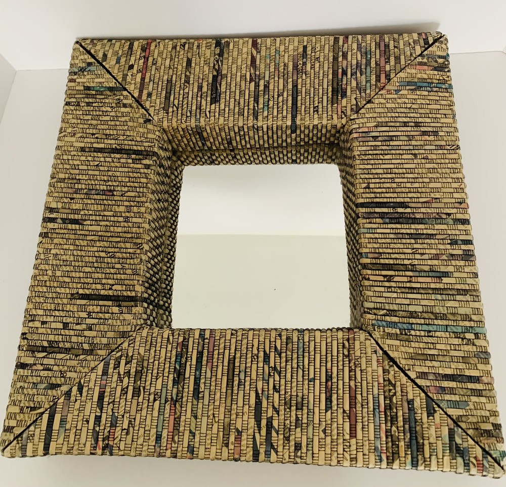 Wall Hanging Mounted Mirror with Rolled Paper Magazine Frame 16" Square