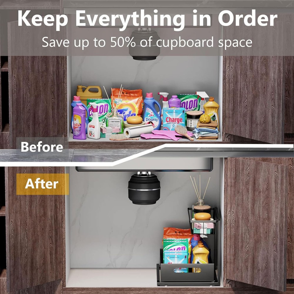 2 Tier Under Sink Pull-out Drawer Storage Shelf Organizer kitchen bathroom Cabin