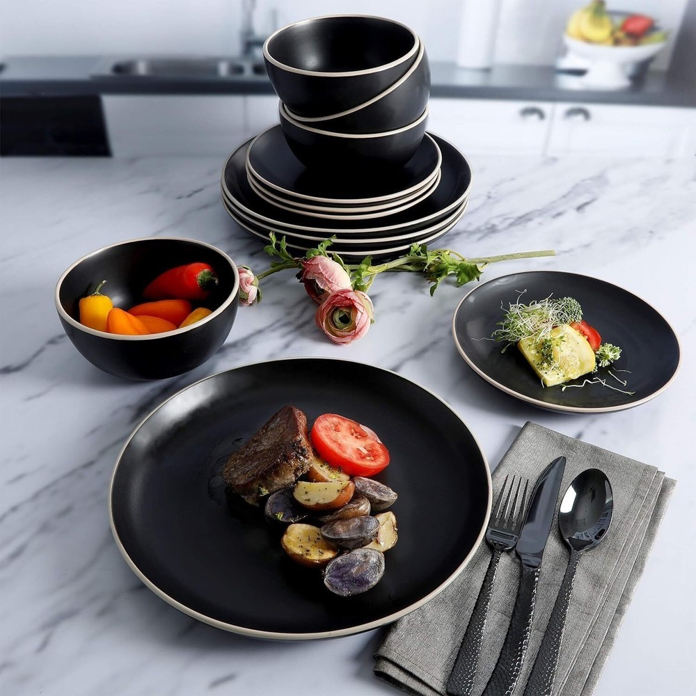12 Piece Round Stoneware Dinnerware Sets Service for 4 Bowl & Plate Set Black
