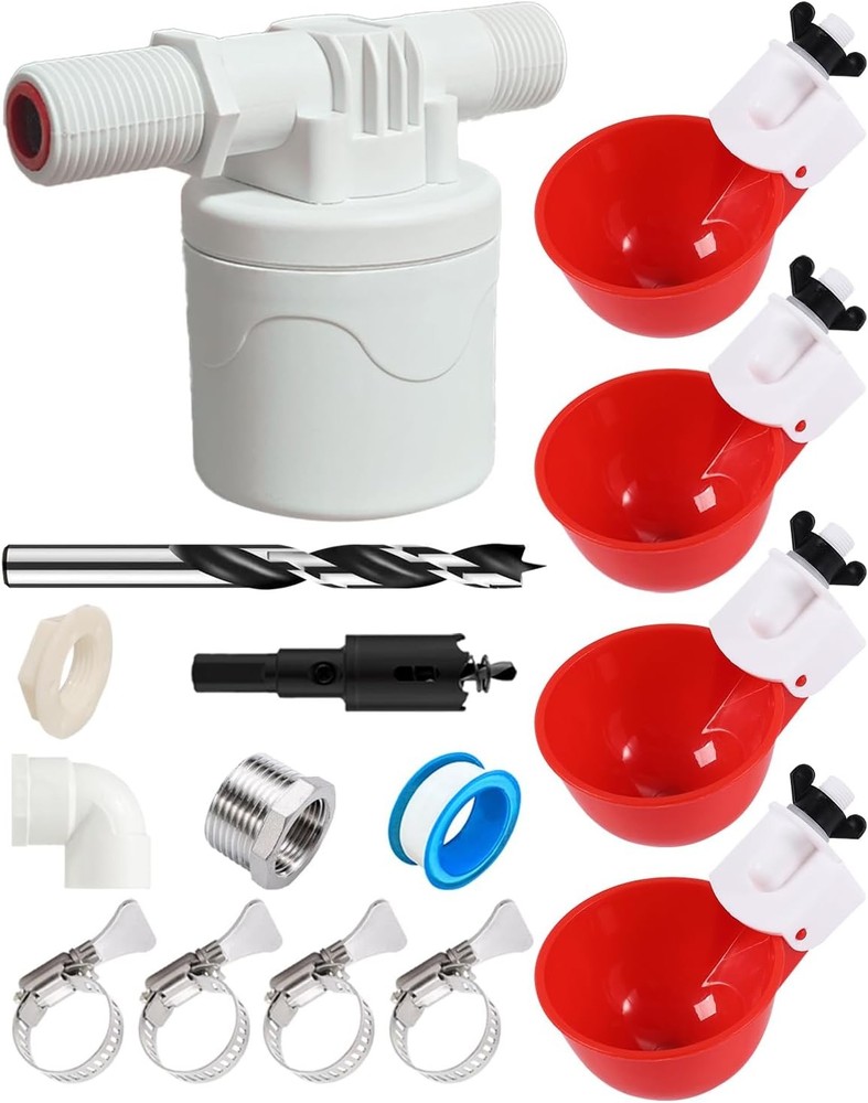 DIY Automatic Chicken Waterer Kit 4 Chicken Water Cups Float Valve Drill Bit 4