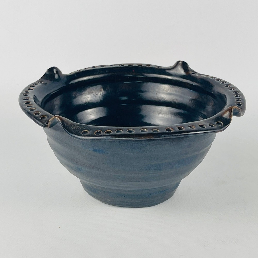 Handmade Unique Pottery Bowl Blue Black 7” Signed