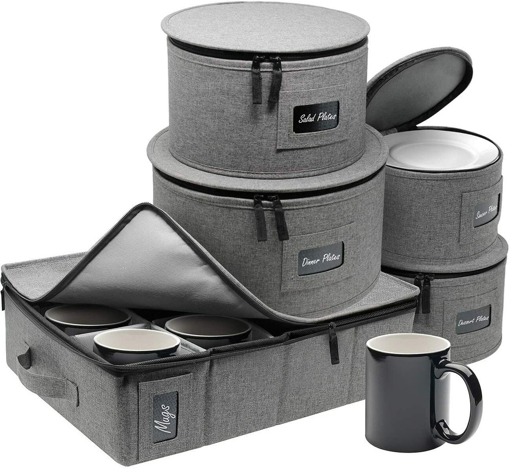Sturdy China Dinnerware Storage Set - Hard Shell Holder for Round Plates & Cups