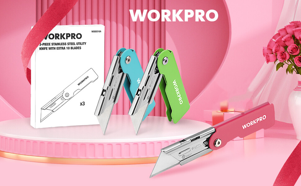 WORKPRO 3-Pack Folding Utility Knife Set, Quick Change Blade Box Cutter