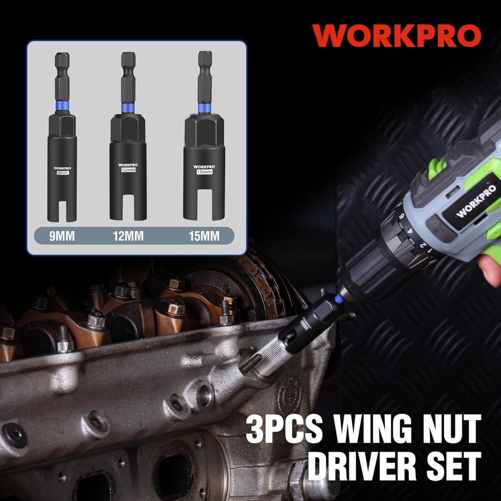 WORKPRO 3PC Power Wing Nut Driver Bit 9-15mm Nut Driver Bit Socket 1/4 Hex Shank