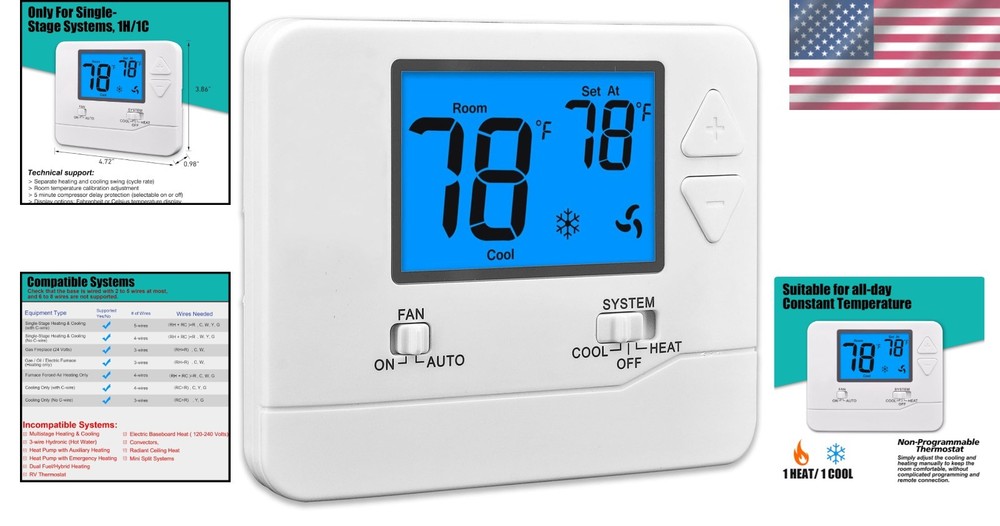 Suuwer Non-Programmable Thermostat - Blue Backlight