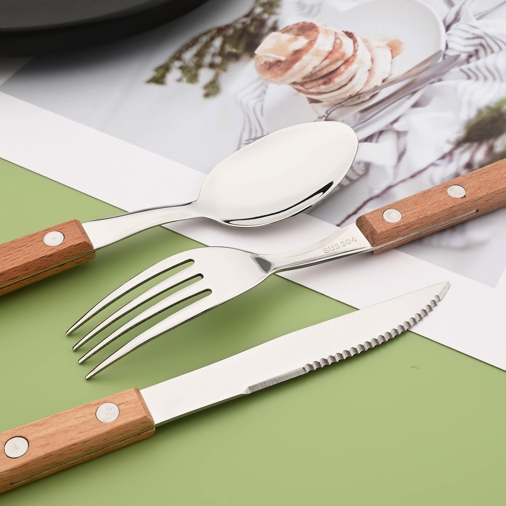 Silver Flatware Set with Natural Wood Handle, 24 PCS Silverware Set for 6, Pr...